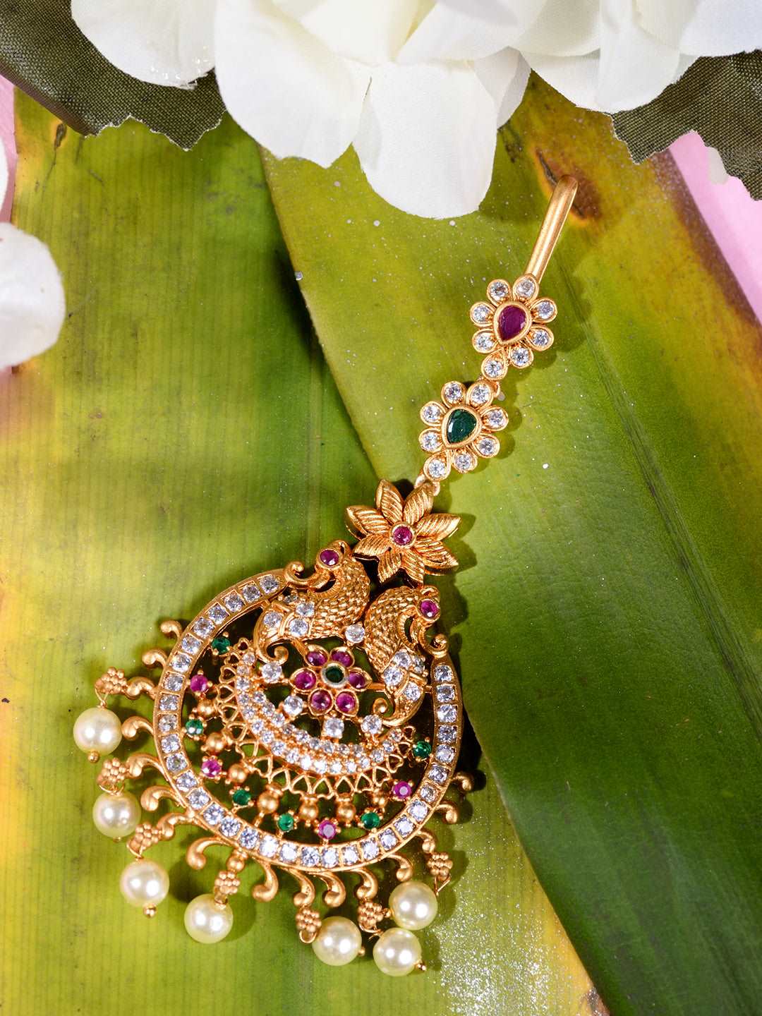 Gold Plated Red & Green AD Studded Maang Tikka, zaveri pearls, sale price rs, sale price, sale gold plated, sale gold, sale, rubans, ring, regular price, priyassi jewellery, kushal's - Saraf 