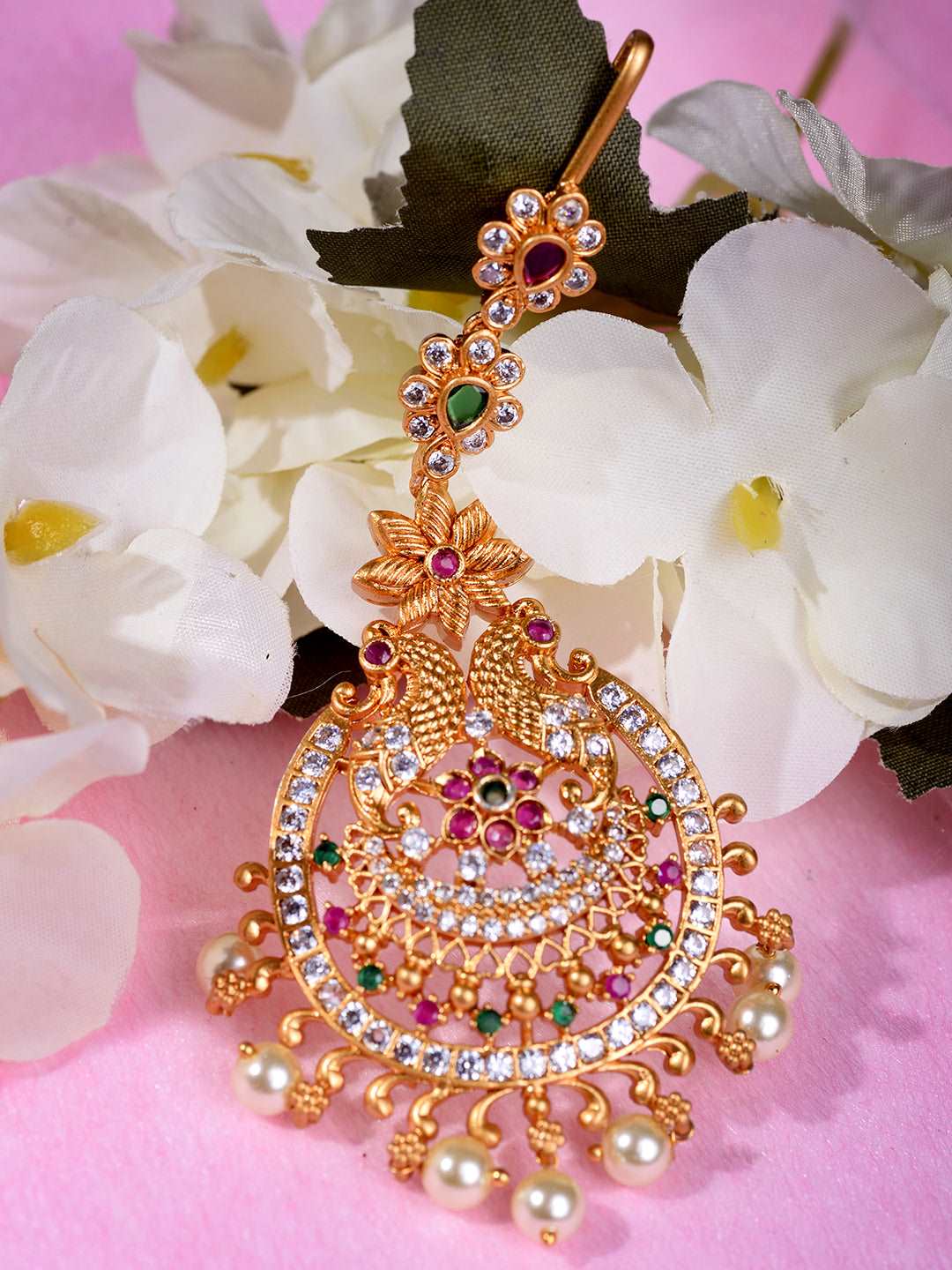 Gold Plated Red & Green AD Studded Maang Tikka, zaveri pearls, sale price rs, sale price, sale gold plated, sale gold, sale, rubans, ring, regular price, priyassi jewellery, kushal's - Saraf 