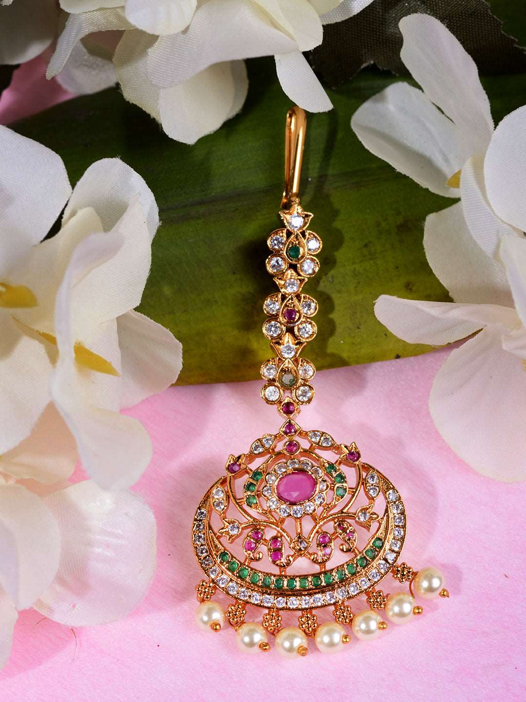 Gold Plated Multi AD Studded Maang Tikka, zaveri pearls, sale price rs, sale price, sale gold plated, sale gold, sale, rubans, ring, regular price, priyassi jewellery, kushal's - Saraf RS Jew