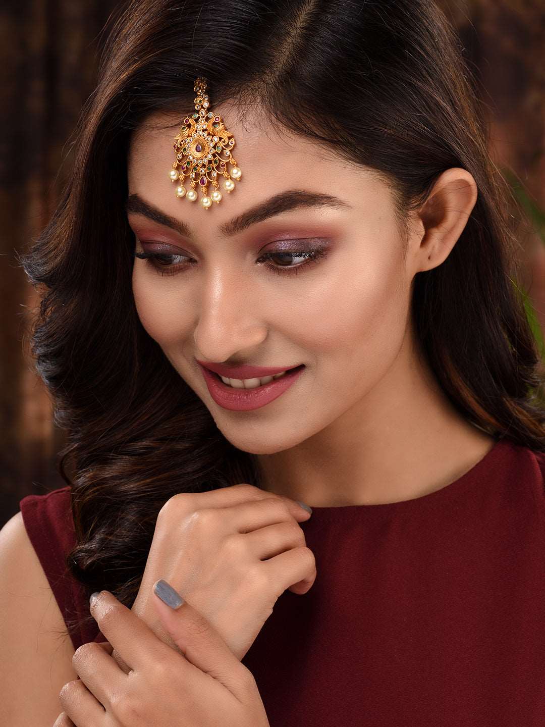 Gold Plated Multi AD Studded Maang Tikka, zaveri pearls, sale price rs, sale price, sale gold plated, sale gold, sale, rubans, ring, regular price, priyassi jewellery, kushal's - Saraf RS Jew