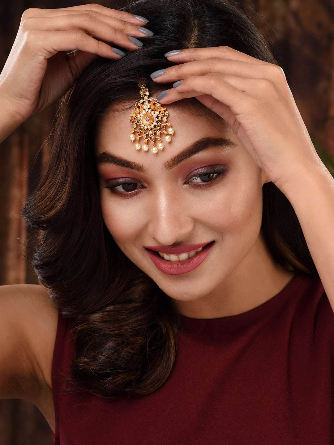 Gold Plated Multi AD Studded Maang Tikka, zaveri pearls, sale price rs, sale price, sale gold plated, sale gold, sale, rubans, ring, regular price, priyassi jewellery, kushal's - Saraf RS Jew