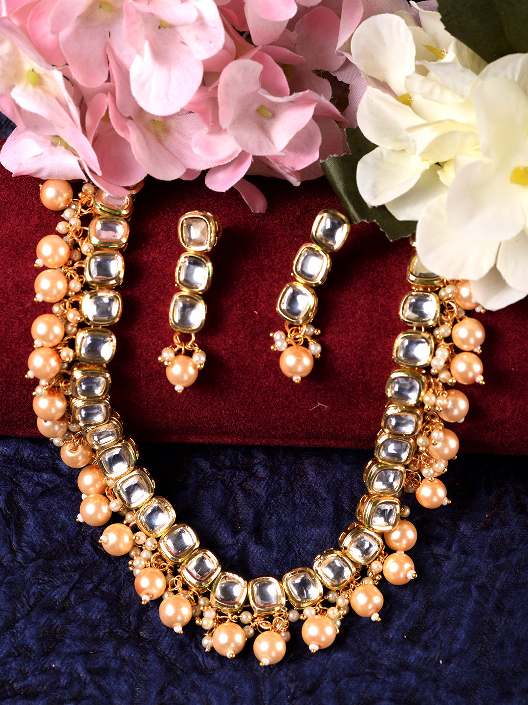 Gold Plated Single line Kundan Pearl Beaded Necklace Jewellery Set, zaveri pearls, sale price rs, sale price, sale gold plated, sale gold, sale, rubans, ring, regular price, priyassi jeweller