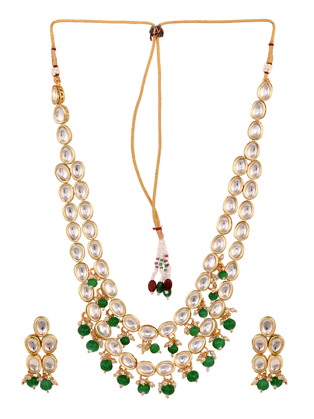 Gold Toned Double line Kundan & Green Beaded Necklace Jewellery Set, zaveri pearls, sale price rs, sale price, sale gold plated, sale gold, sale, rubans, ring, regular price, priyassi jewelle