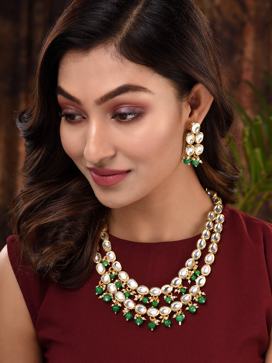 Gold Toned Double line Kundan & Green Beaded Necklace Jewellery Set, zaveri pearls, sale price rs, sale price, sale gold plated, sale gold, sale, rubans, ring, regular price, priyassi jewelle