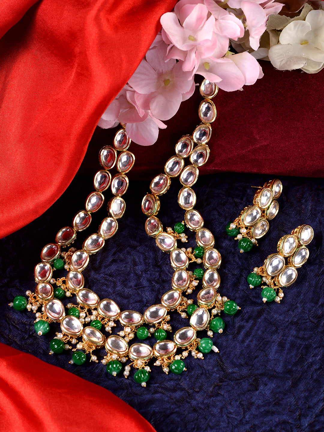 Gold Toned Double line Kundan & Green Beaded Necklace Jewellery Set, zaveri pearls, sale price rs, sale price, sale gold plated, sale gold, sale, rubans, ring, regular price, priyassi jewelle