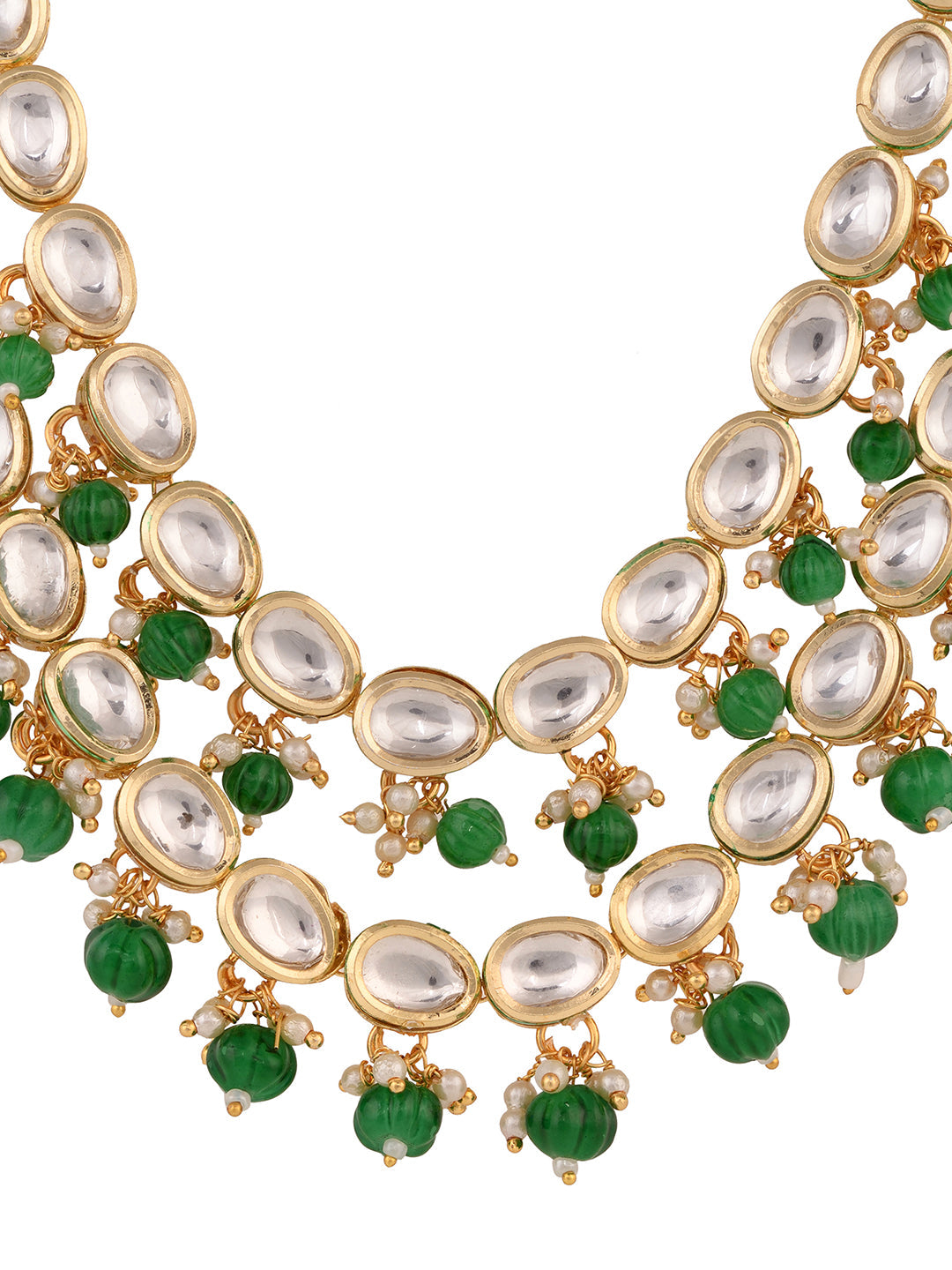 Gold Toned Double line Kundan & Green Beaded Necklace Jewellery Set, zaveri pearls, sale price rs, sale price, sale gold plated, sale gold, sale, rubans, ring, regular price, priyassi jewelle