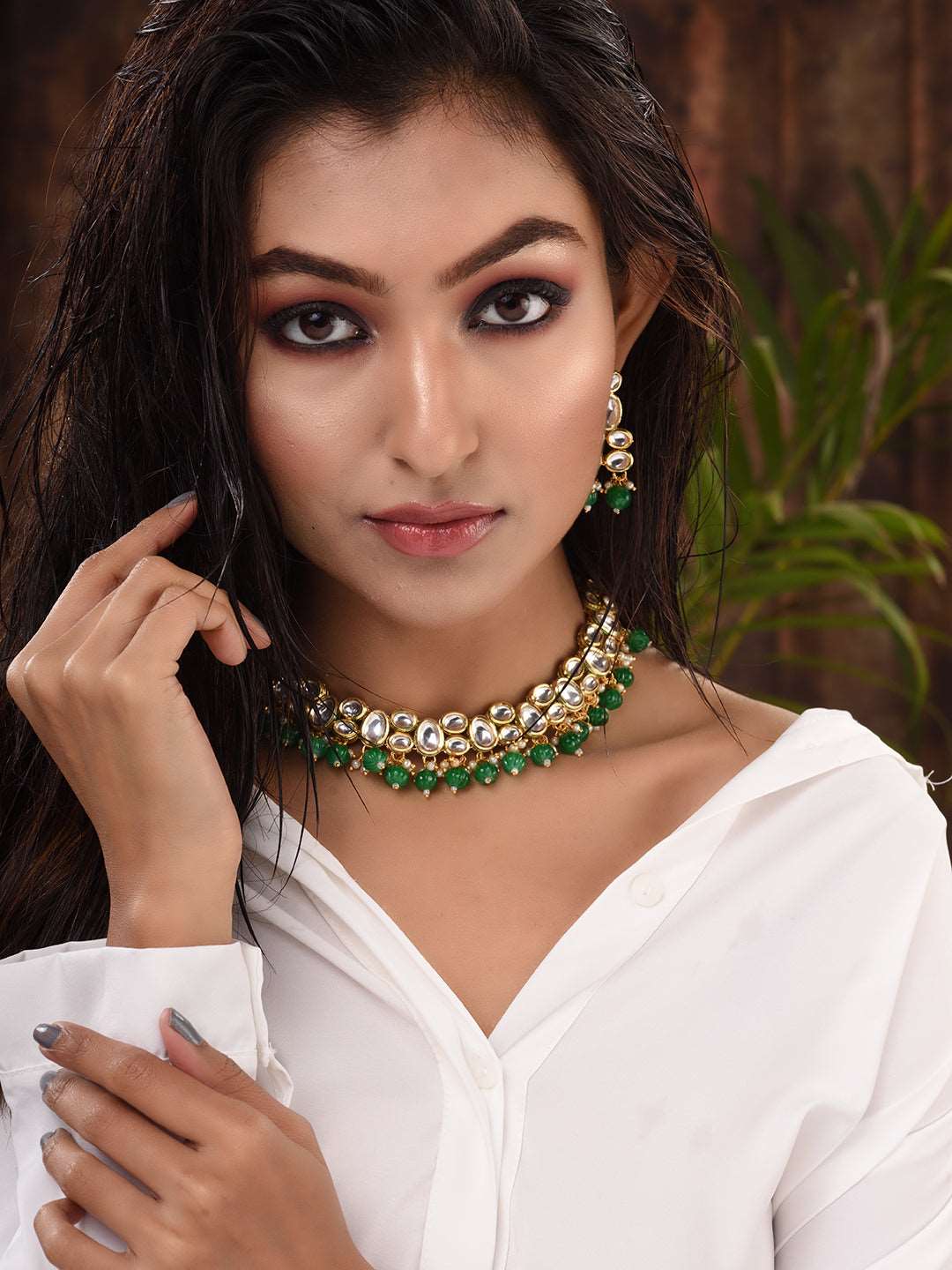 Gold Plated Green & White Kundan studded Beaded Choker Jewellery Set, zaveri pearls, sale price rs, sale price, sale gold plated, sale gold, sale, rubans, ring, regular price, priyassi jewell