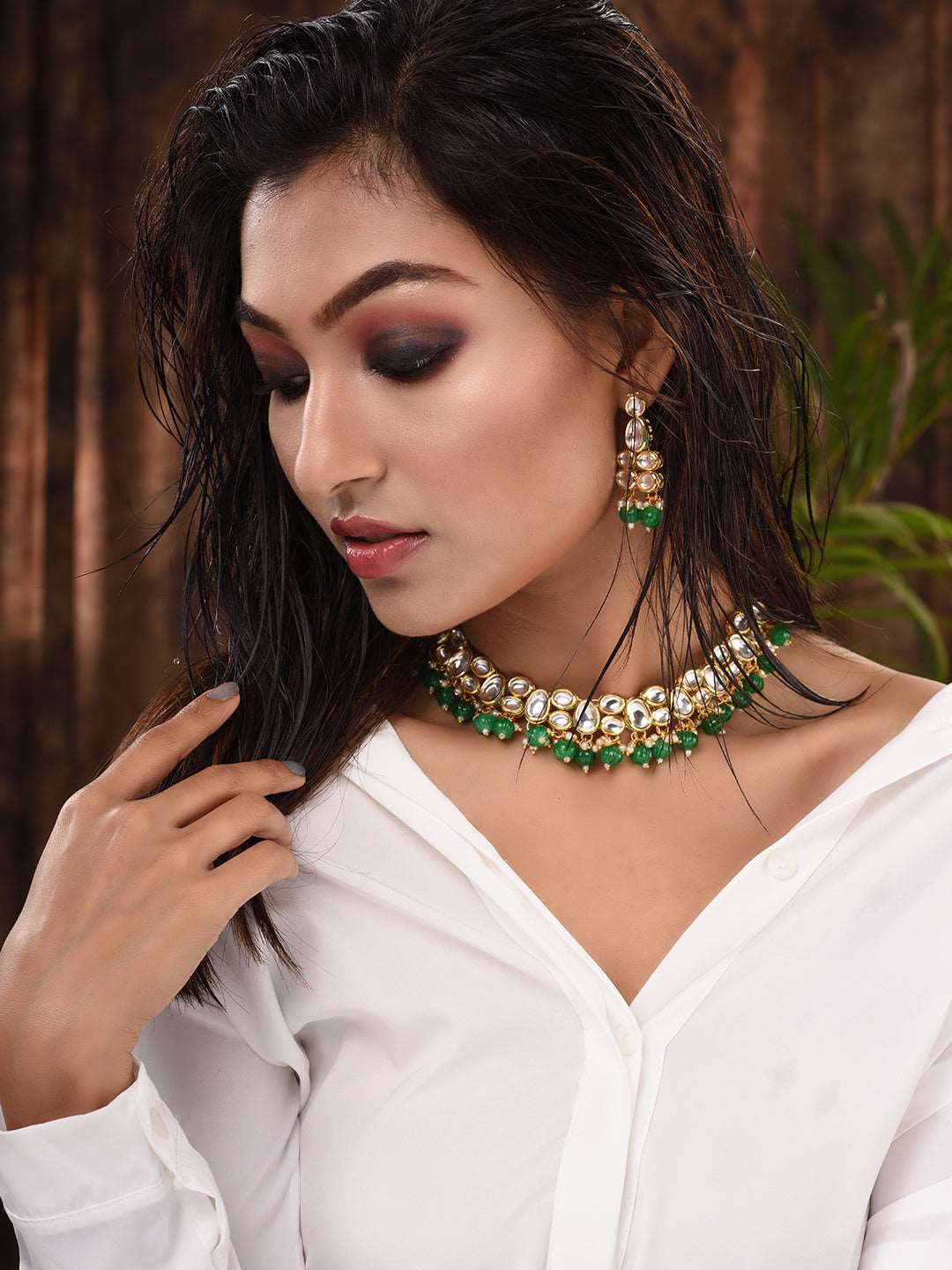 Gold Plated Green & White Kundan studded Beaded Choker Jewellery Set, zaveri pearls, sale price rs, sale price, sale gold plated, sale gold, sale, rubans, ring, regular price, priyassi jewell