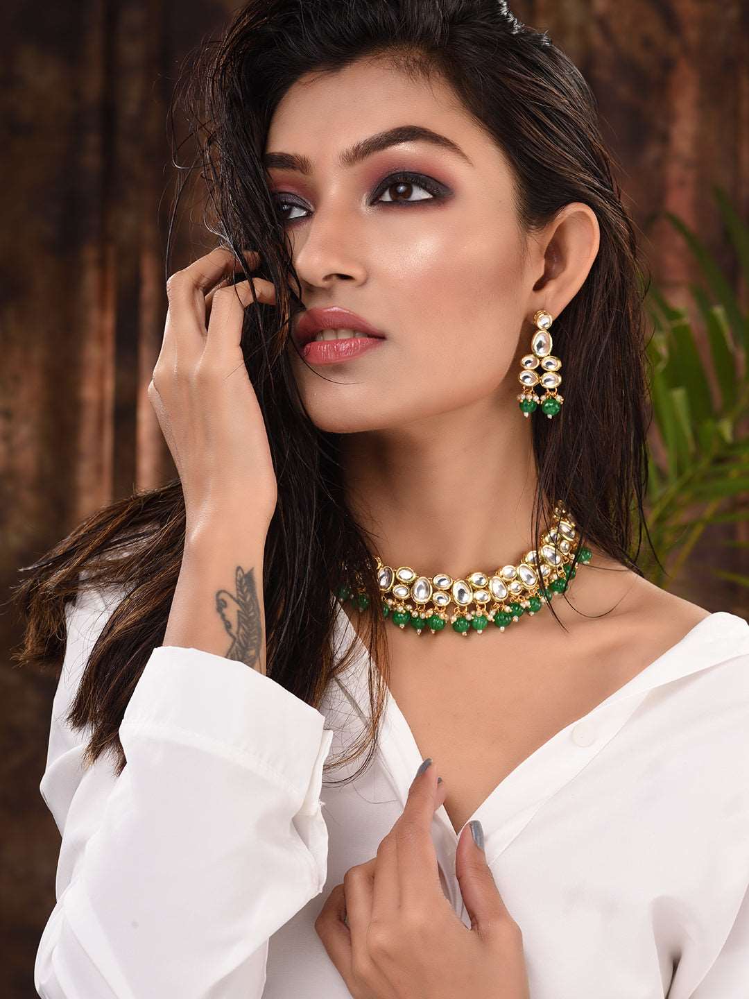 Gold Plated Green & White Kundan studded Beaded Choker Jewellery Set, zaveri pearls, sale price rs, sale price, sale gold plated, sale gold, sale, rubans, ring, regular price, priyassi jewell
