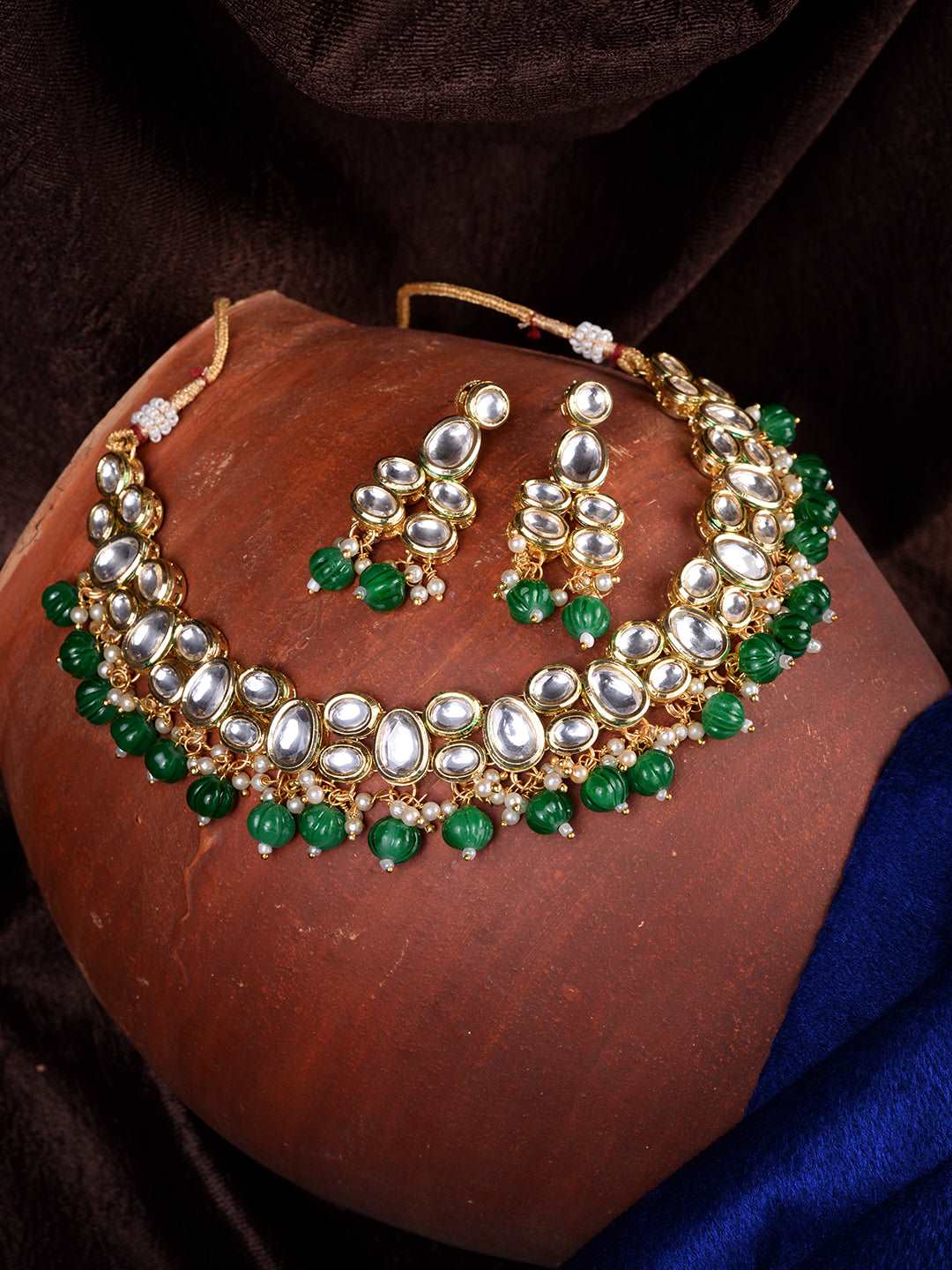 Gold Plated Green & White Kundan studded Beaded Choker Jewellery Set, zaveri pearls, sale price rs, sale price, sale gold plated, sale gold, sale, rubans, ring, regular price, priyassi jewell
