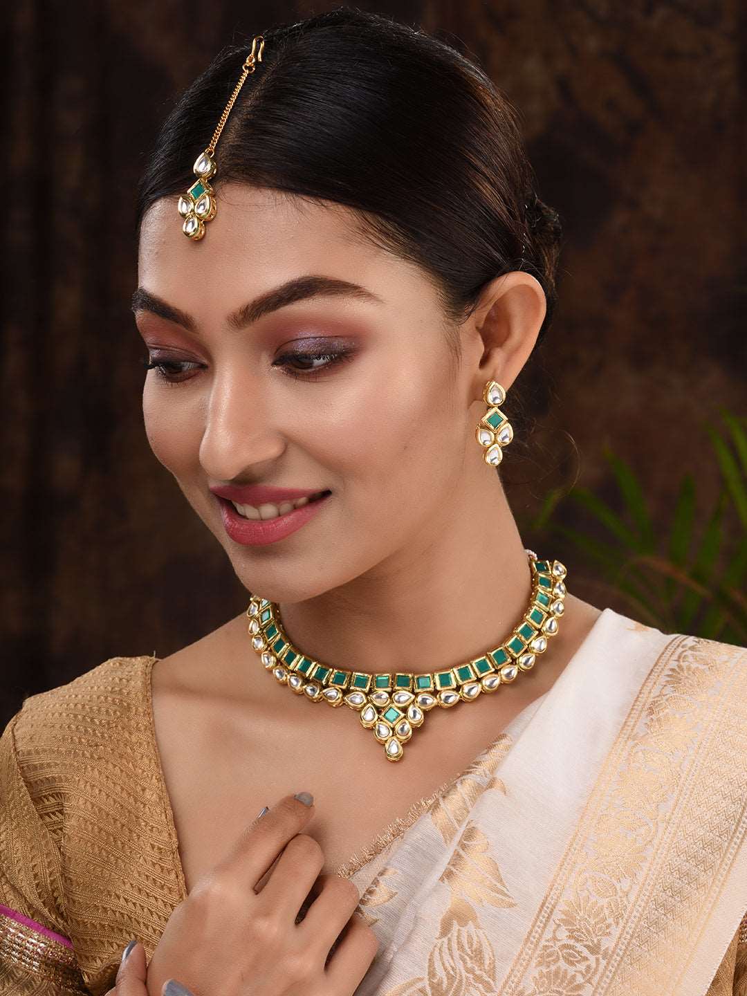 Gold Plated Green & White Kundan studded modern Necklace Jewellery Set, zaveri pearls, sale price rs, sale price, sale gold plated, sale gold, sale, rubans, ring, regular price, priyassi jewe