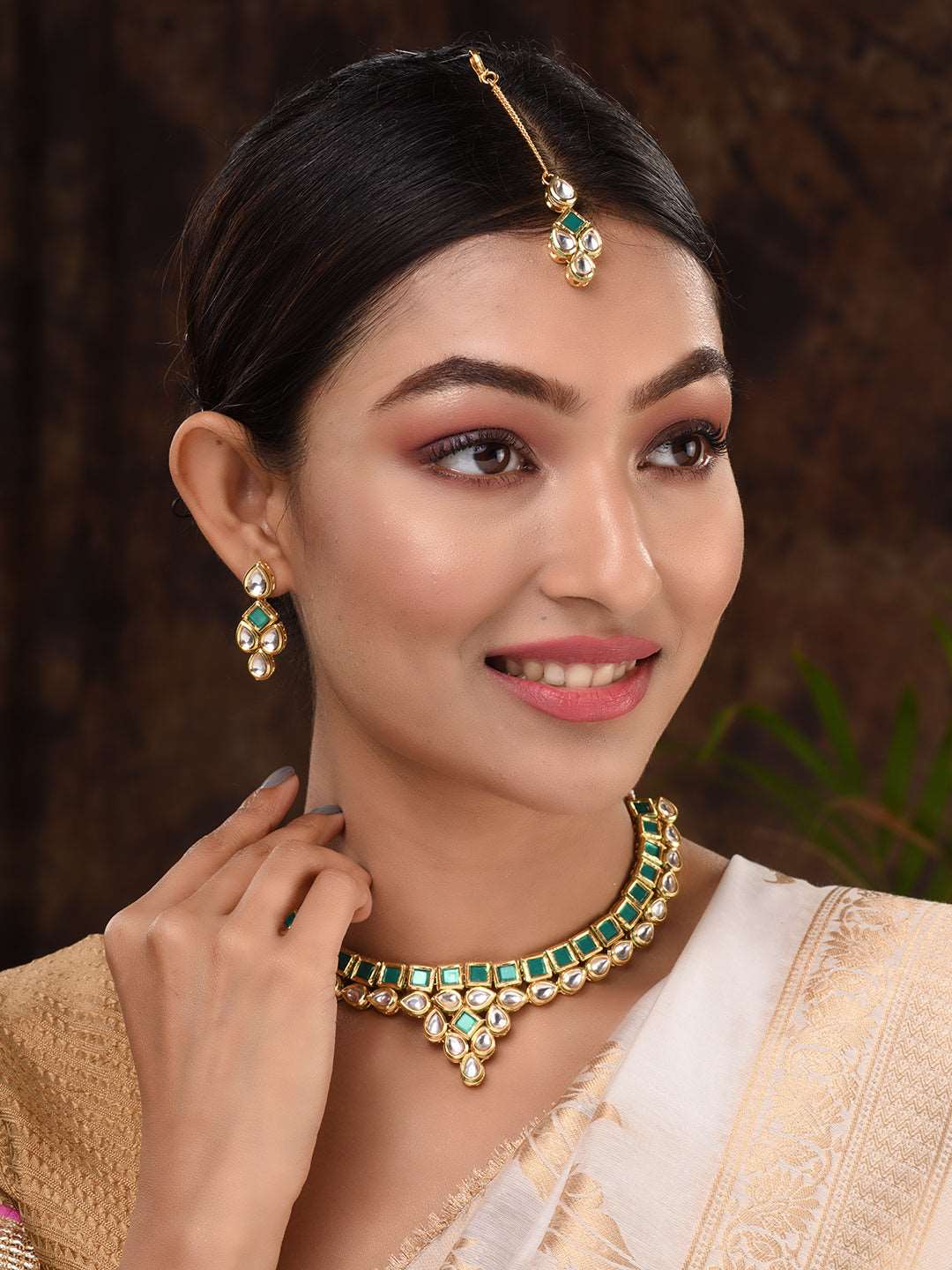 Gold Plated Green & White Kundan studded modern Necklace Jewellery Set, zaveri pearls, sale price rs, sale price, sale gold plated, sale gold, sale, rubans, ring, regular price, priyassi jewe