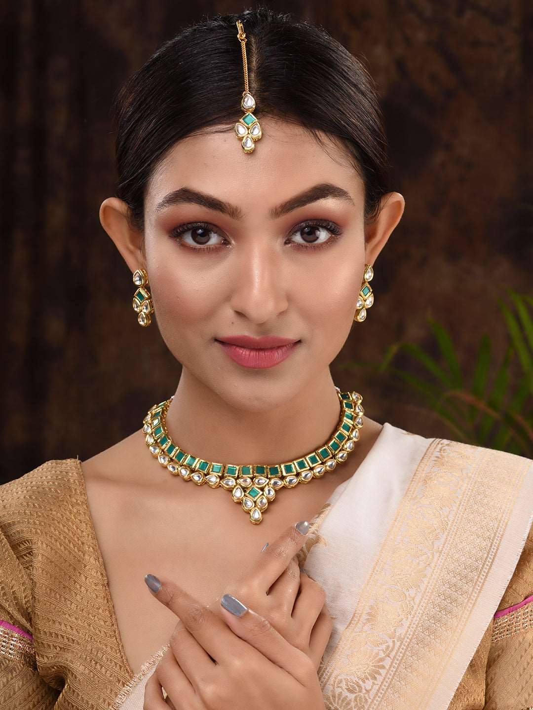 Gold Plated Green & White Kundan studded modern Necklace Jewellery Set, zaveri pearls, sale price rs, sale price, sale gold plated, sale gold, sale, rubans, ring, regular price, priyassi jewe