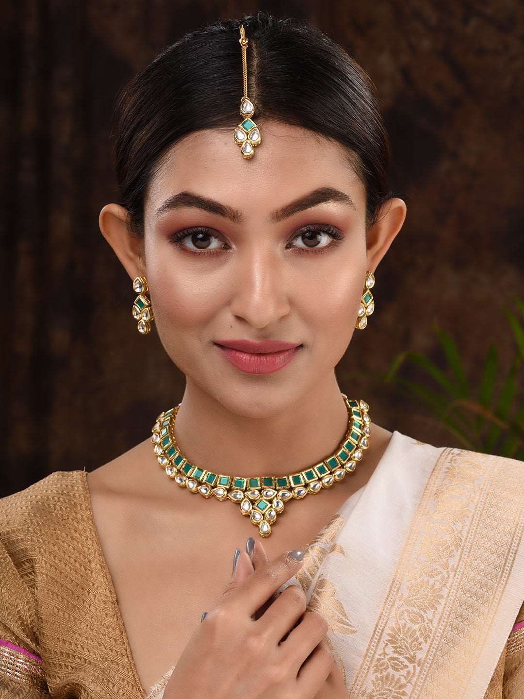 Gold Plated Green & White Kundan studded modern Necklace Jewellery Set, zaveri pearls, sale price rs, sale price, sale gold plated, sale gold, sale, rubans, ring, regular price, priyassi jewe