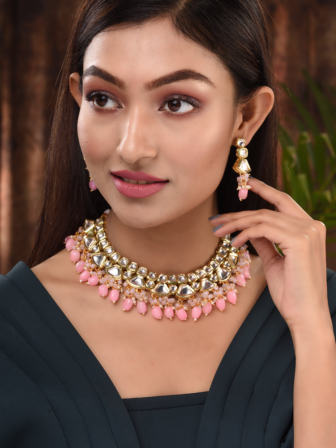 Gold Toned Kundan & Pink Bead studded Handcrafted Jewellery Set, zaveri pearls, sale price rs, sale price, sale gold plated, sale gold, sale, rubans, ring, regular price, priyassi jewellery, 