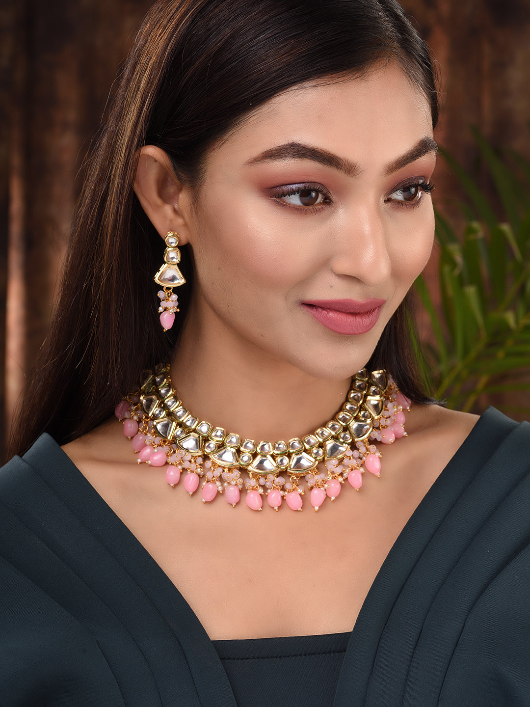 Gold Toned Kundan & Pink Bead studded Handcrafted Jewellery Set, zaveri pearls, sale price rs, sale price, sale gold plated, sale gold, sale, rubans, ring, regular price, priyassi jewellery, 