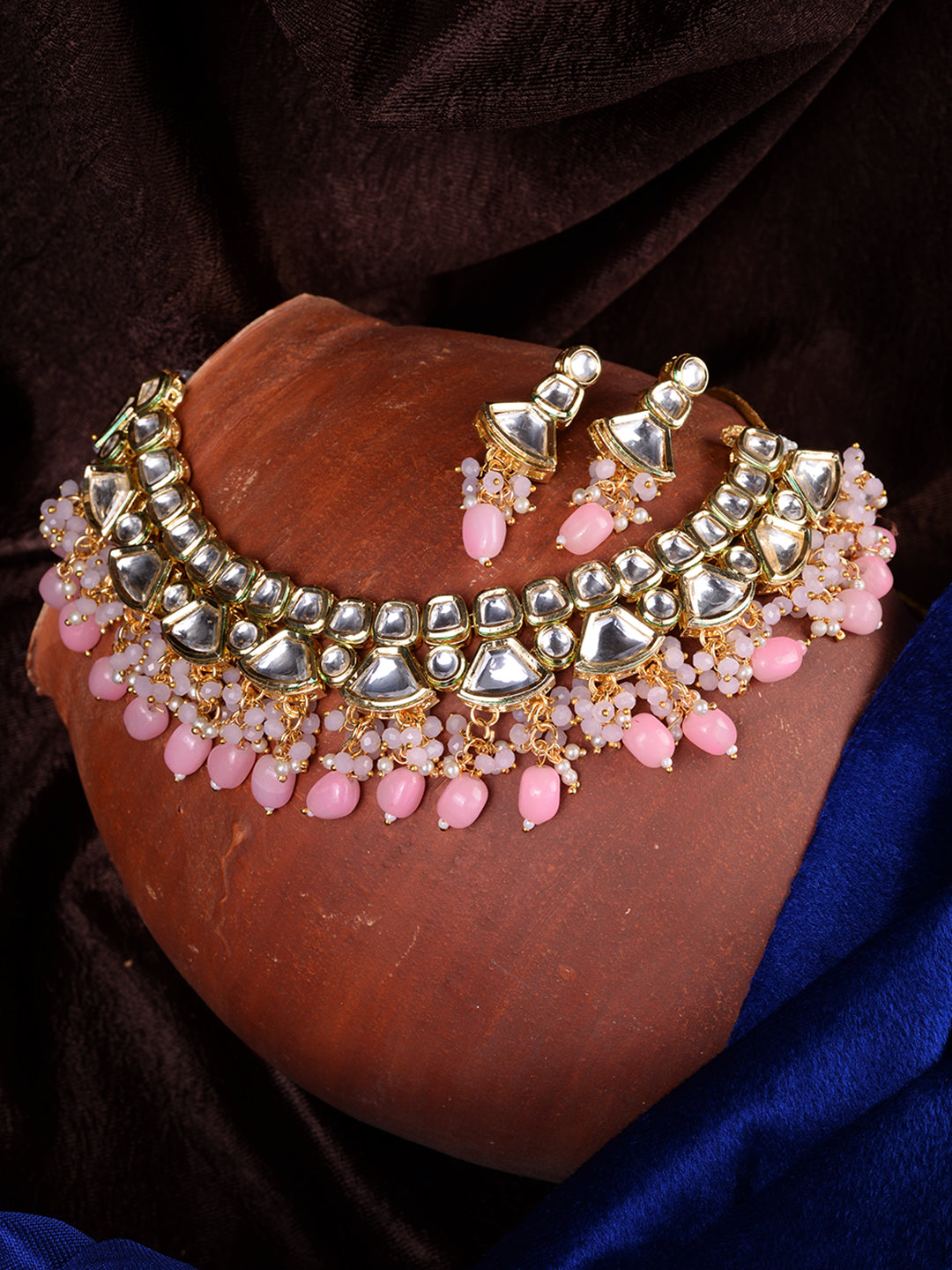 Gold Toned Kundan & Pink Bead studded Handcrafted Jewellery Set, zaveri pearls, sale price rs, sale price, sale gold plated, sale gold, sale, rubans, ring, regular price, priyassi jewellery, 