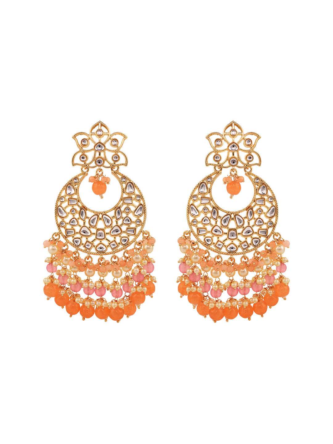 Gold Plated Orange Kundan studded & Beadded modern Chandballi Earrings, zaveri pearls, sale price rs, sale price, sale gold plated, sale gold, sale, rubans, ring, regular price, priyassi jewe