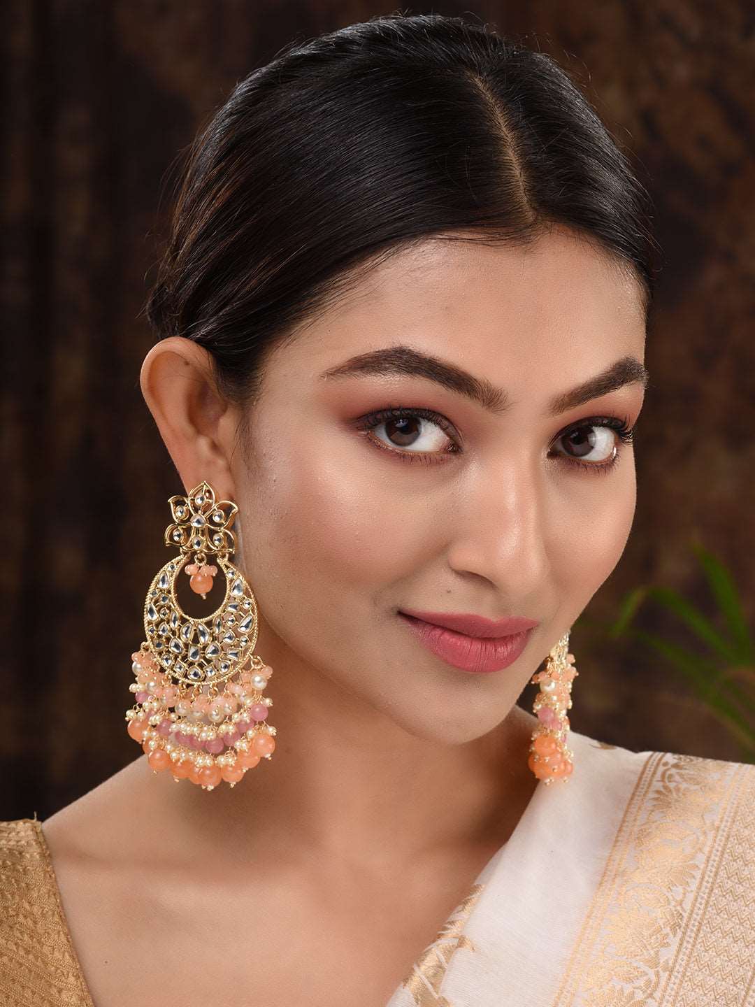 Gold Plated Orange Kundan studded & Beadded modern Chandballi Earrings, zaveri pearls, sale price rs, sale price, sale gold plated, sale gold, sale, rubans, ring, regular price, priyassi jewe