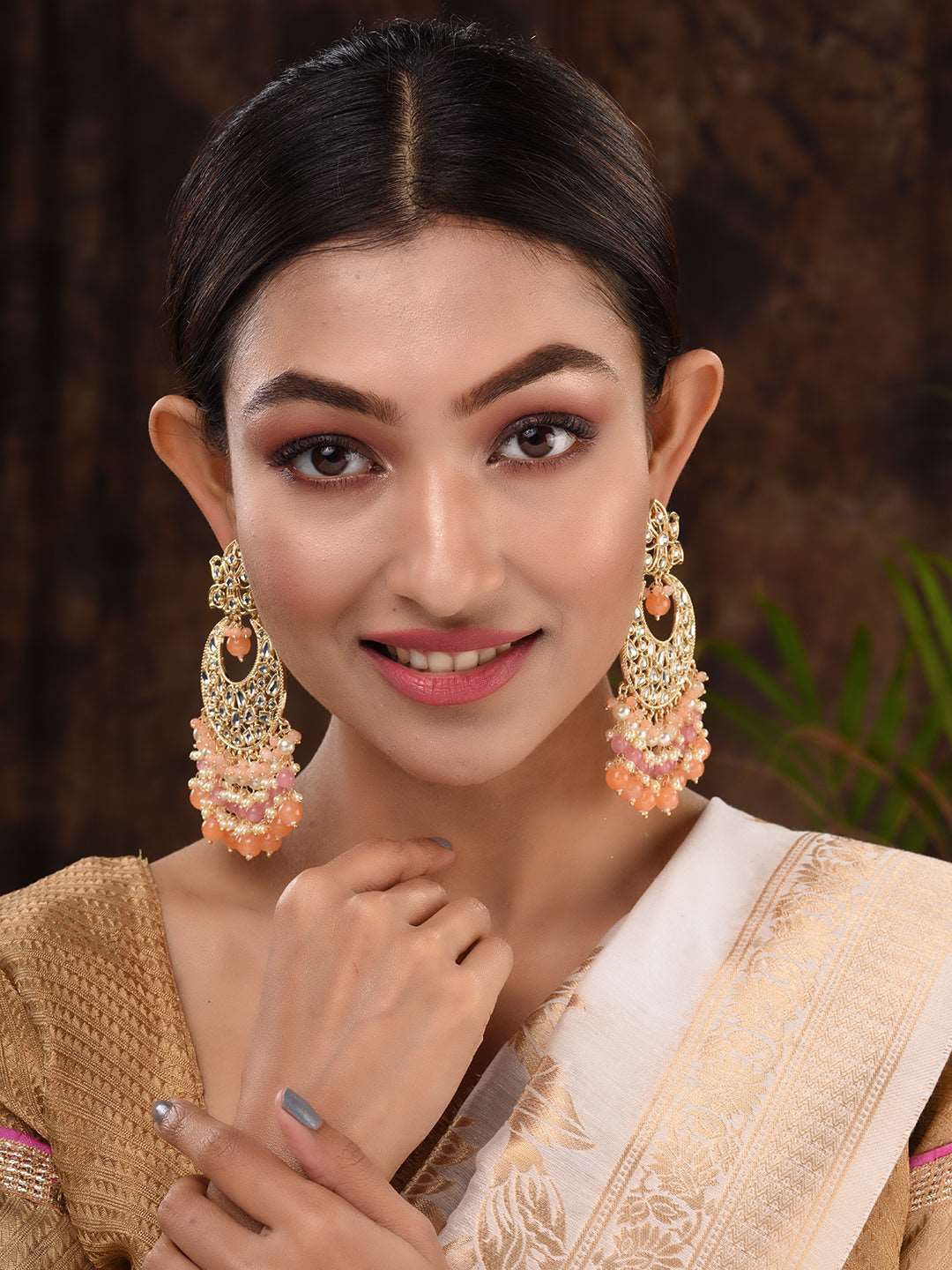 Gold Plated Orange Kundan studded & Beadded modern Chandballi Earrings, zaveri pearls, sale price rs, sale price, sale gold plated, sale gold, sale, rubans, ring, regular price, priyassi jewe