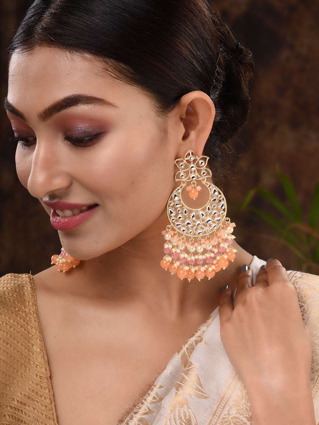 Gold Plated Orange Kundan studded & Beadded modern Chandballi Earrings, zaveri pearls, sale price rs, sale price, sale gold plated, sale gold, sale, rubans, ring, regular price, priyassi jewe
