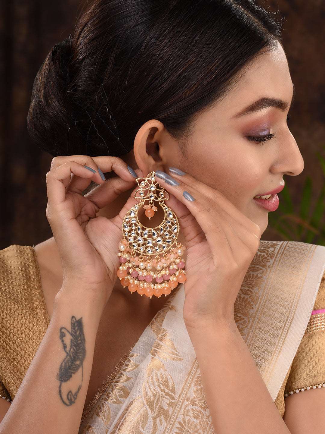 Gold Plated Orange Kundan studded & Beadded modern Chandballi Earrings, zaveri pearls, sale price rs, sale price, sale gold plated, sale gold, sale, rubans, ring, regular price, priyassi jewe