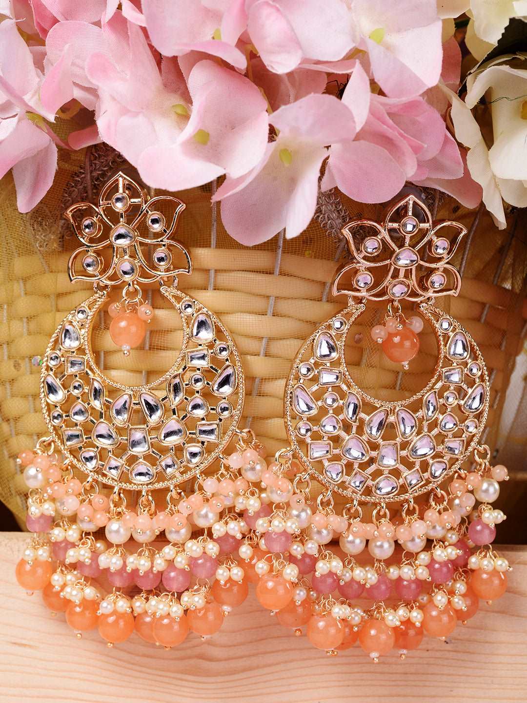 Gold Plated Orange Kundan studded & Beadded modern Chandballi Earrings, zaveri pearls, sale price rs, sale price, sale gold plated, sale gold, sale, rubans, ring, regular price, priyassi jewe