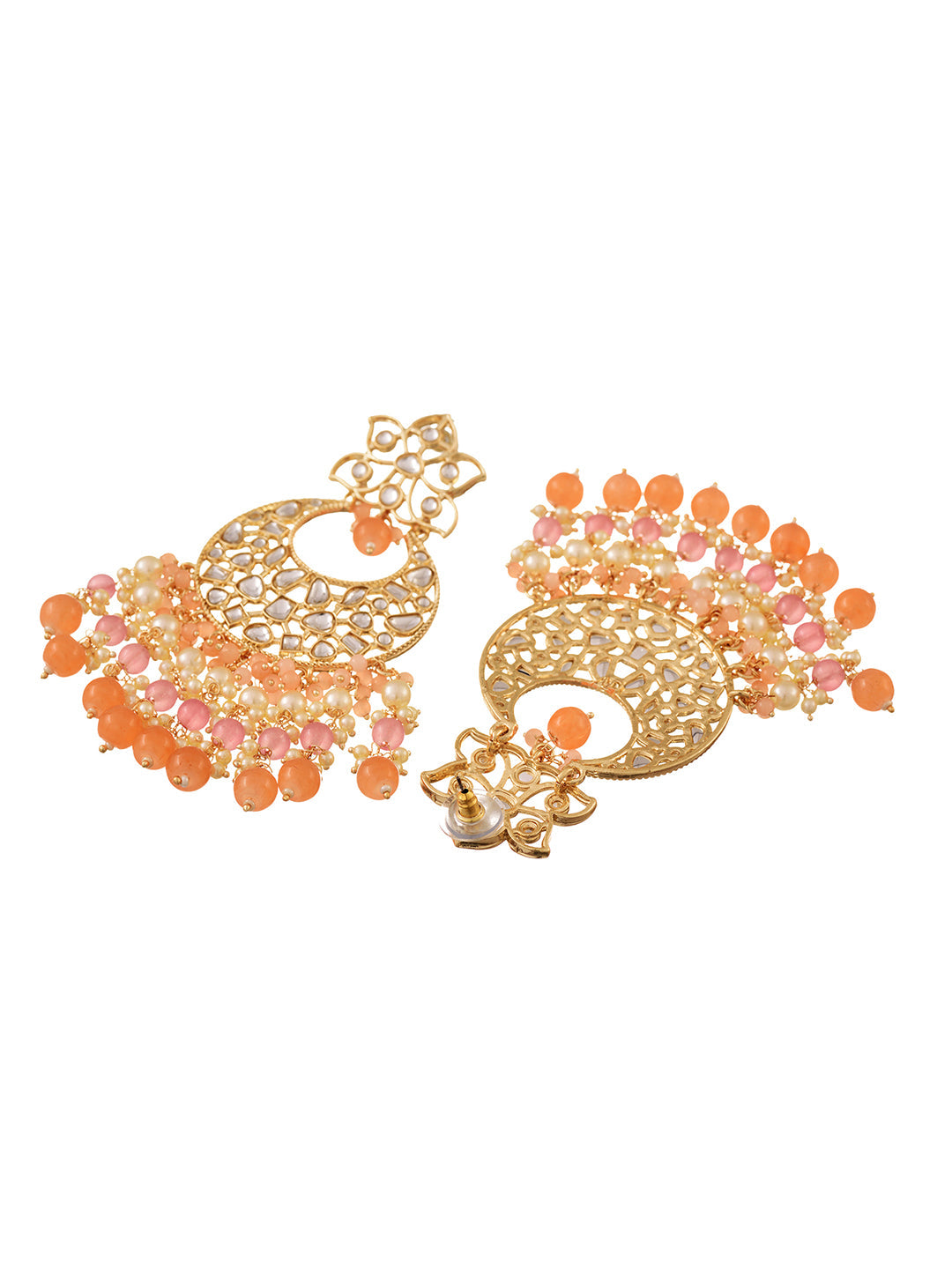 Gold Plated Orange Kundan studded & Beadded modern Chandballi Earrings, zaveri pearls, sale price rs, sale price, sale gold plated, sale gold, sale, rubans, ring, regular price, priyassi jewe