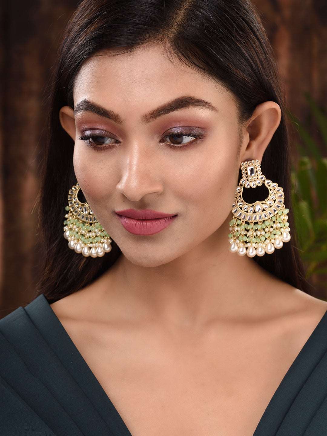 Gold Plated Mint Kundan studded & Beadded Cresent Chandballi Earrings, zaveri pearls, sale price rs, sale price, sale gold plated, sale gold, sale, rubans, ring, regular price, priyassi jewel