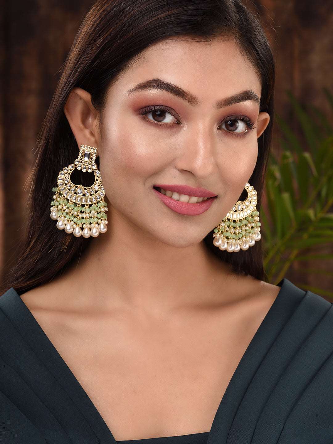 Gold Plated Mint Kundan studded & Beadded Cresent Chandballi Earrings, zaveri pearls, sale price rs, sale price, sale gold plated, sale gold, sale, rubans, ring, regular price, priyassi jewel