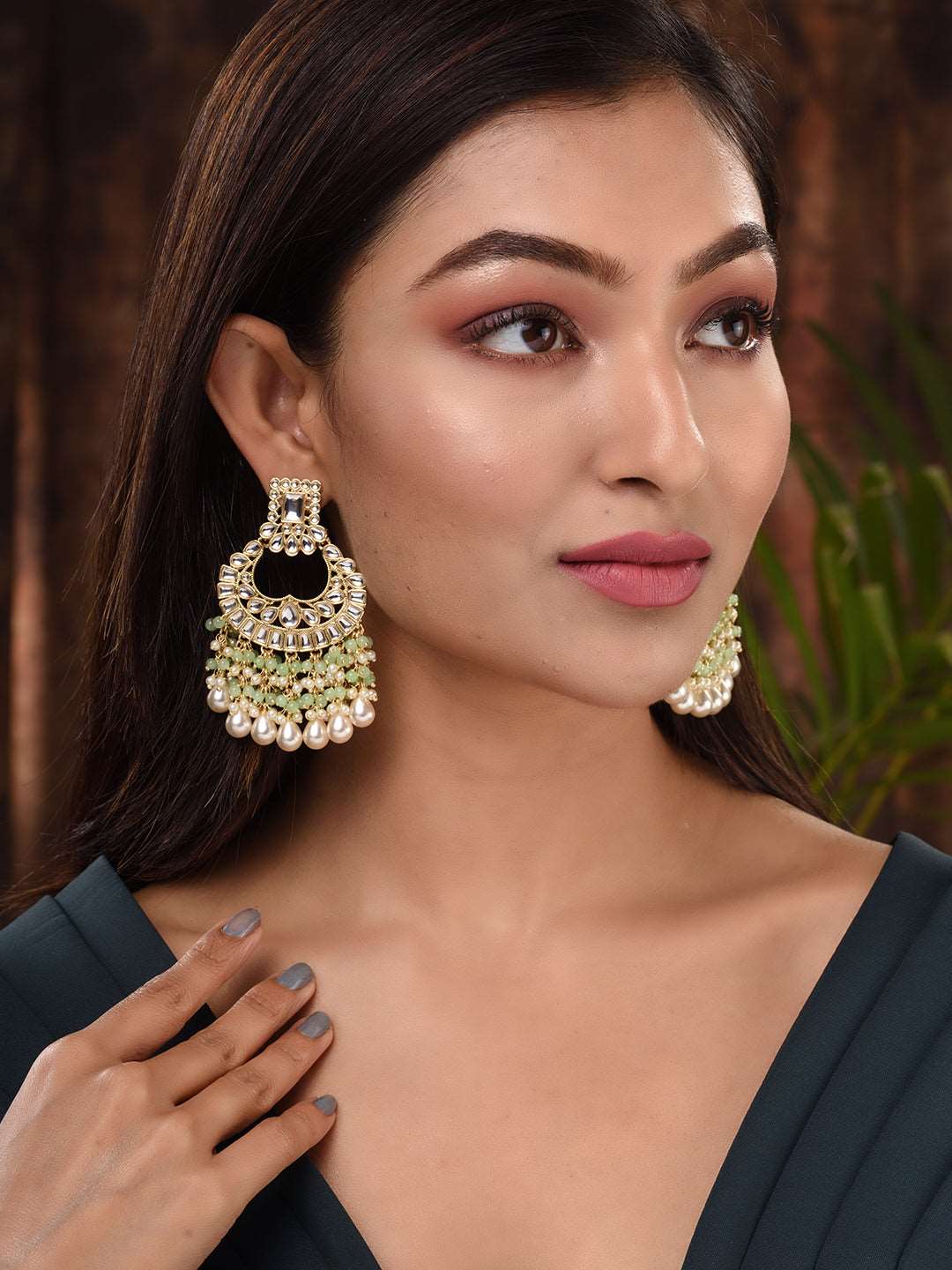 Gold Plated Mint Kundan studded & Beadded Cresent Chandballi Earrings, zaveri pearls, sale price rs, sale price, sale gold plated, sale gold, sale, rubans, ring, regular price, priyassi jewel