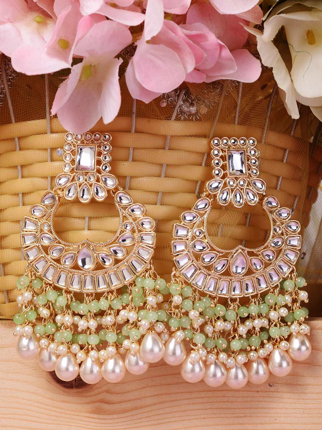Gold Plated Mint Kundan studded & Beadded Cresent Chandballi Earrings, zaveri pearls, sale price rs, sale price, sale gold plated, sale gold, sale, rubans, ring, regular price, priyassi jewel