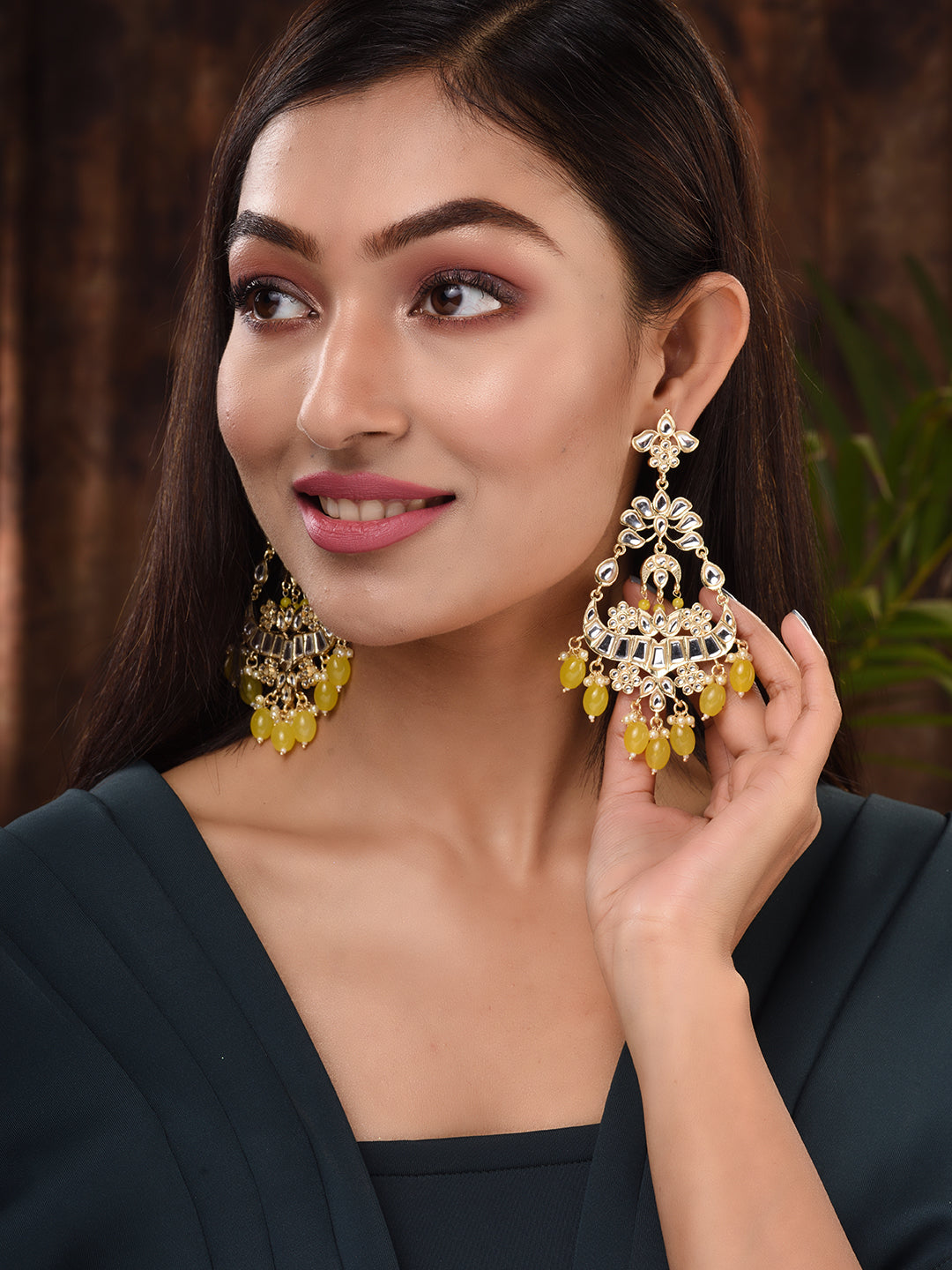 Gold Plated Yellow Kundan studded & Beadded modern Dangler Earrings, zaveri pearls, sale price rs, sale price, sale gold plated, sale gold, sale, rubans, ring, regular price, priyassi jewelle