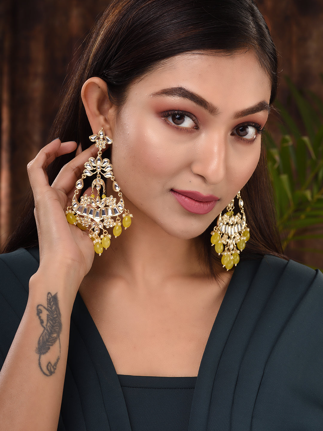 Gold Plated Yellow Kundan studded & Beadded modern Dangler Earrings, zaveri pearls, sale price rs, sale price, sale gold plated, sale gold, sale, rubans, ring, regular price, priyassi jewelle