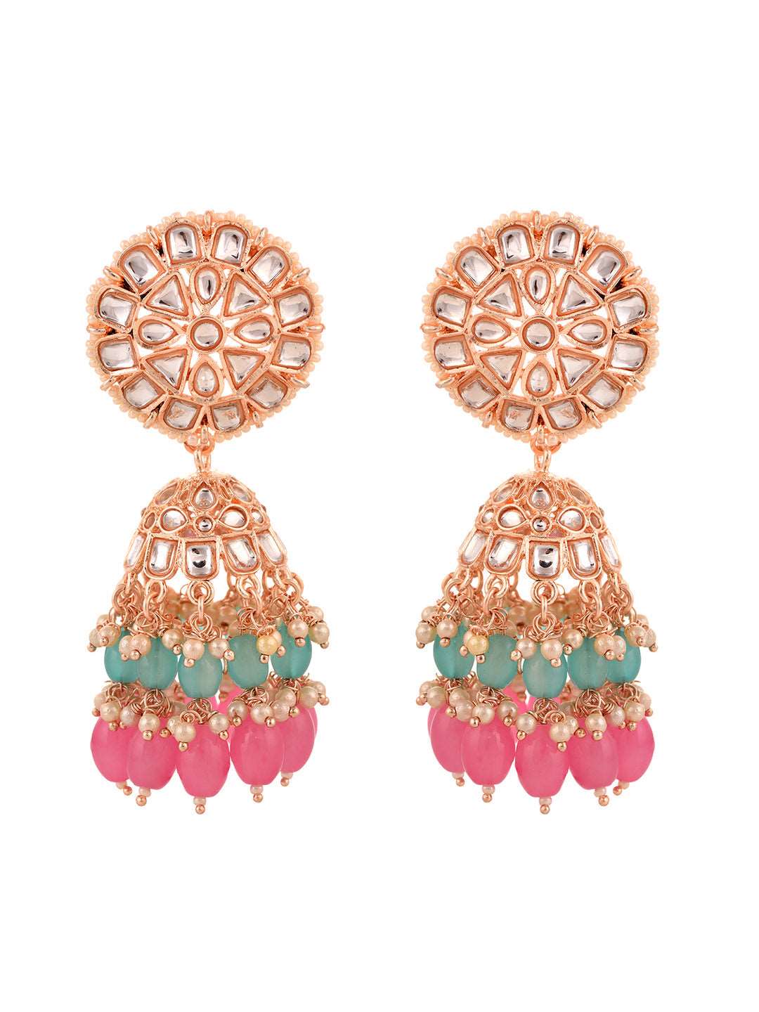 Gold Plated Mint & Pink Kundan studded & Beadded Jhumka Earrings, zaveri pearls, sale price rs, sale price, sale gold plated, sale gold, sale, rubans, ring, regular price, priyassi jewellery,