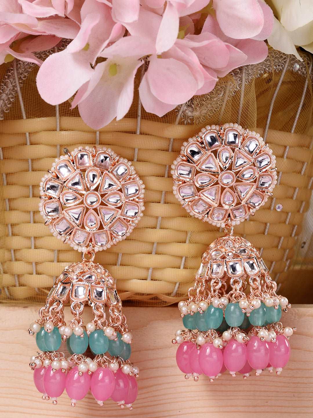 Gold Plated Mint & Pink Kundan studded & Beadded Jhumka Earrings, zaveri pearls, sale price rs, sale price, sale gold plated, sale gold, sale, rubans, ring, regular price, priyassi jewellery,