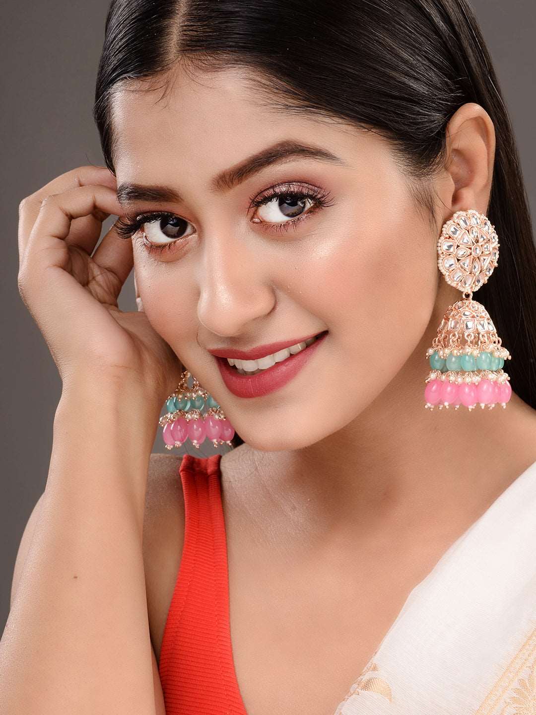Gold Plated Mint & Pink Kundan studded & Beadded Jhumka Earrings, zaveri pearls, sale price rs, sale price, sale gold plated, sale gold, sale, rubans, ring, regular price, priyassi jewellery,