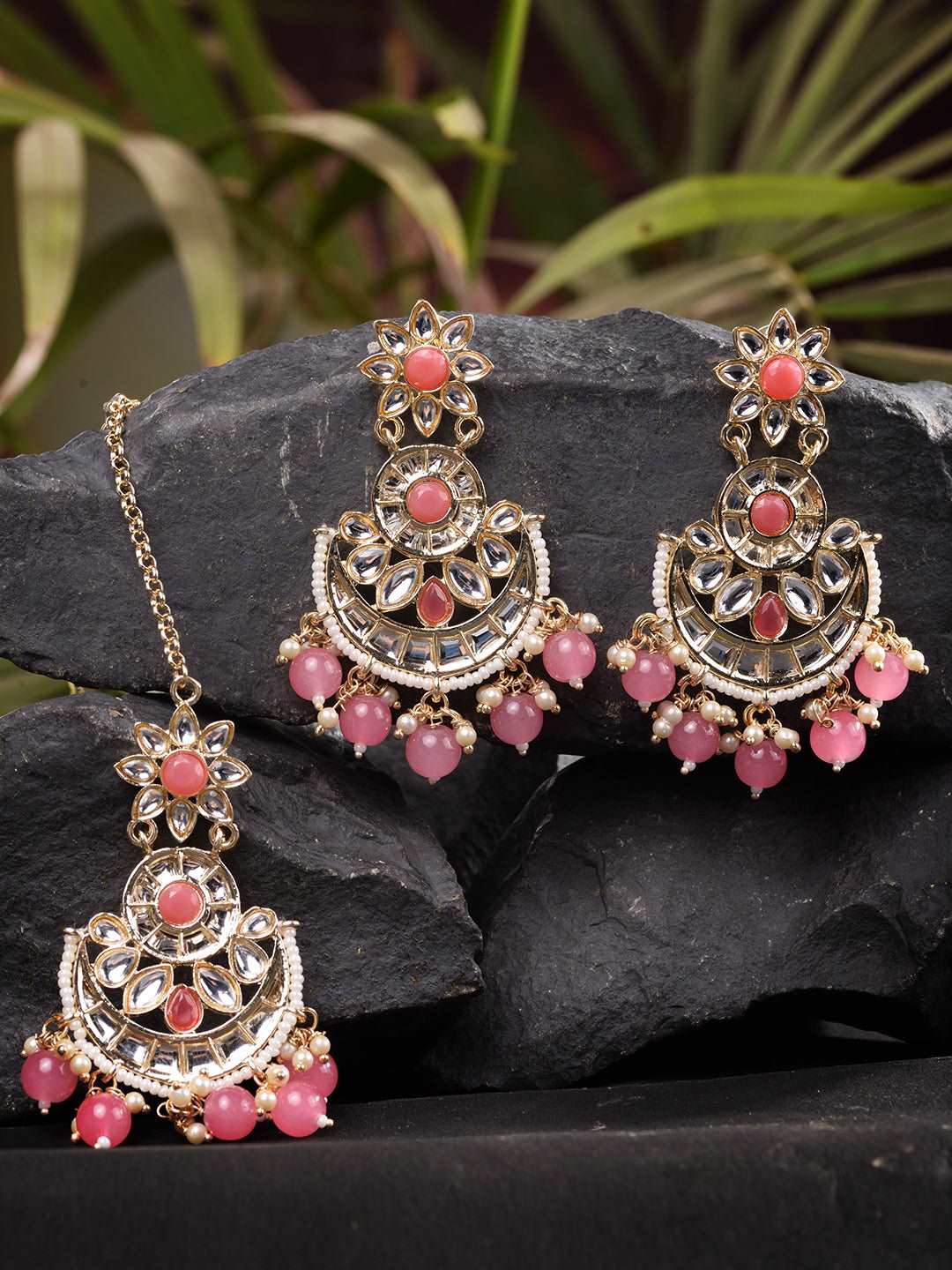 Gold Plated Kundan studded Pink & White Pearl beadded Maangtika Earring Jewellery Set, zaveri pearls, sale price rs, sale price, sale gold plated, sale gold, sale, rubans, ring, regular price