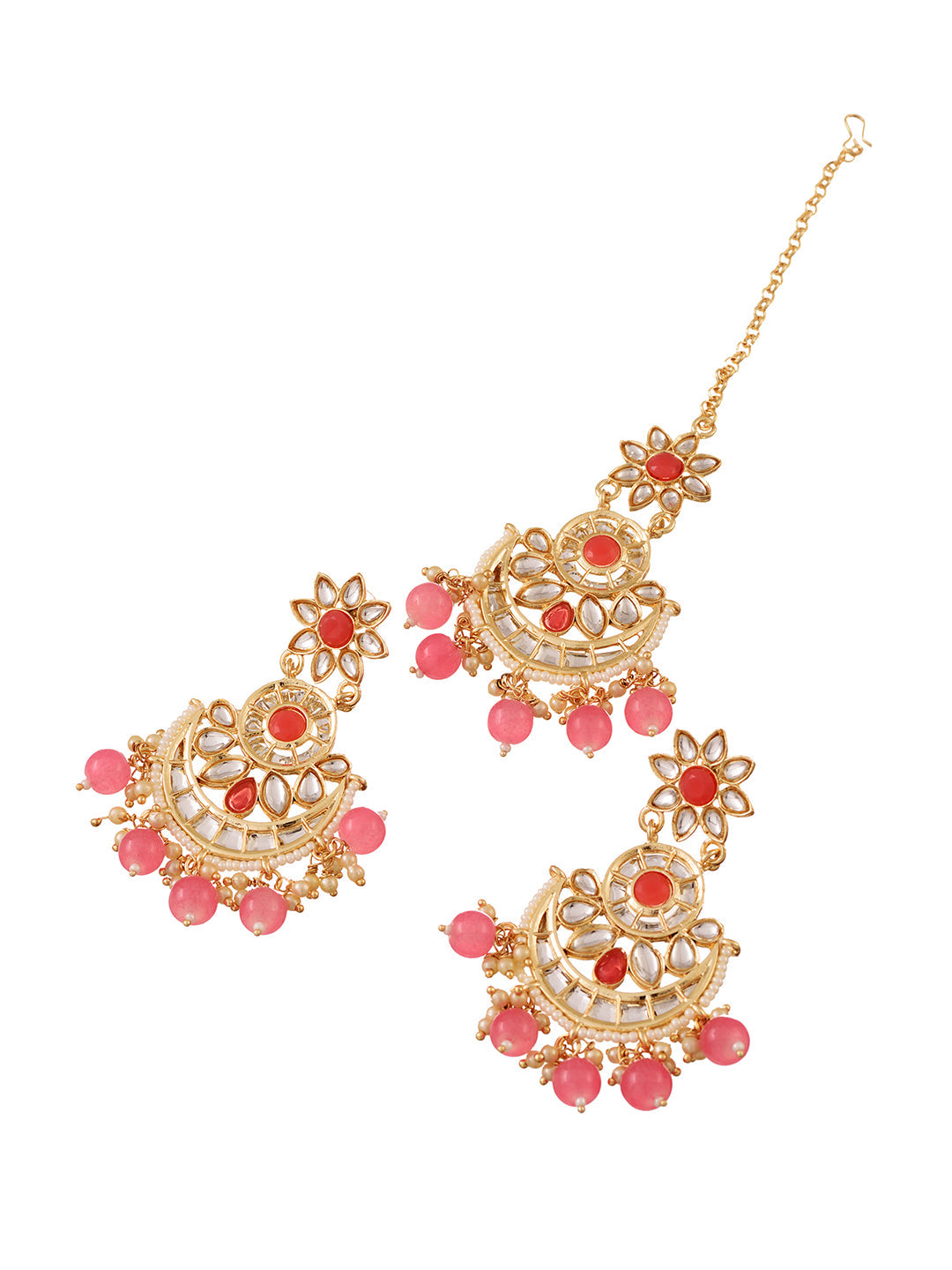 Gold Plated Kundan studded Pink & White Pearl beadded Maangtika Earring Jewellery Set, zaveri pearls, sale price rs, sale price, sale gold plated, sale gold, sale, rubans, ring, regular price