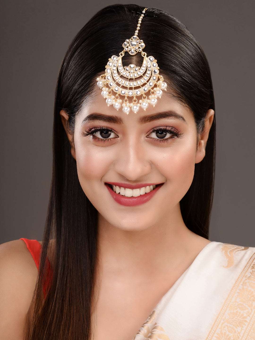 Gold Plated Kundan & Pearl beadded Modern Chanballi Maangtika, zaveri pearls, sale price rs, sale price, sale gold plated, sale gold, sale, rubans, ring, regular price, priyassi jewellery, ku