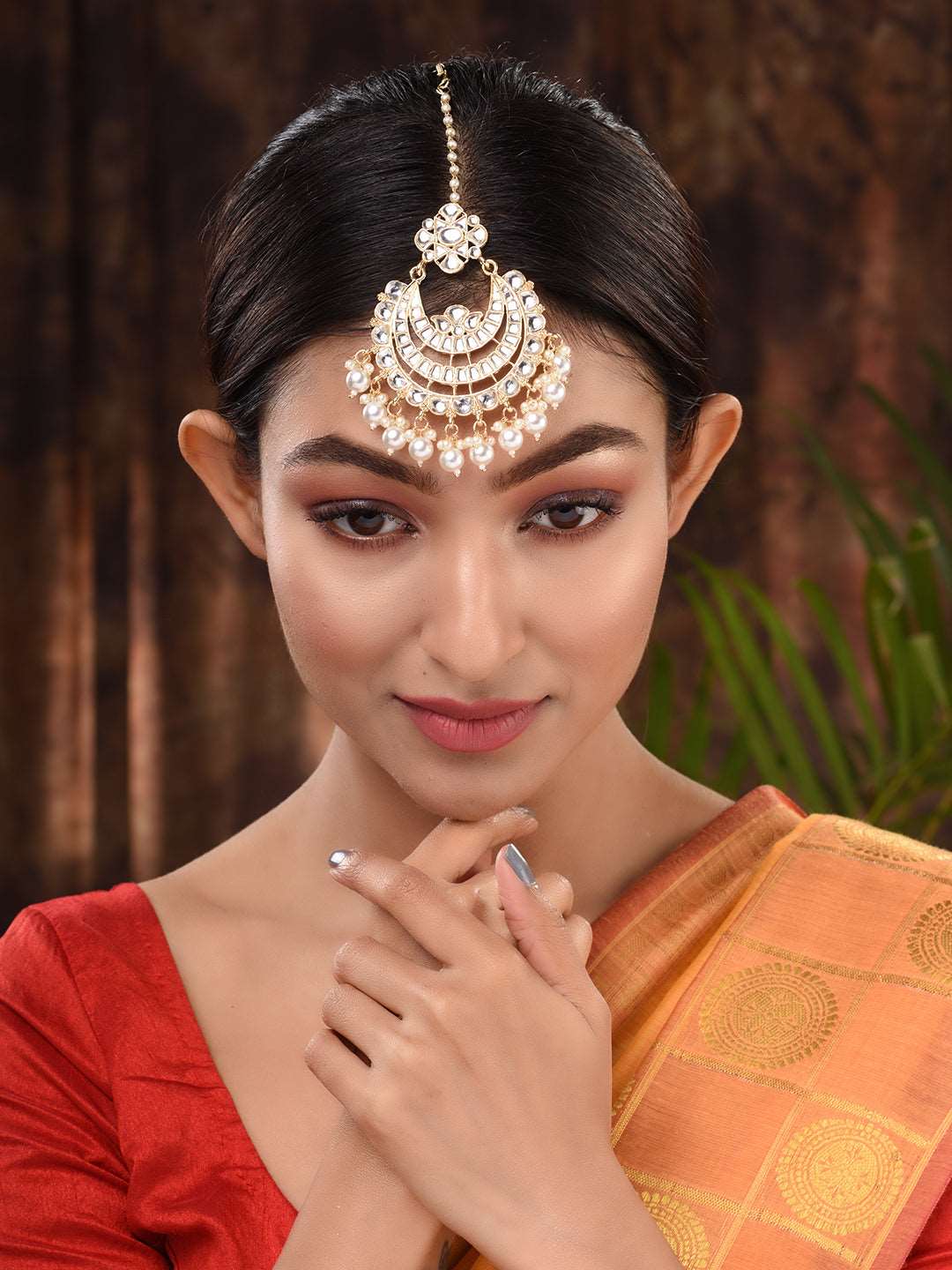 Gold Plated Kundan & Pearl beadded Modern Chanballi Maangtika, zaveri pearls, sale price rs, sale price, sale gold plated, sale gold, sale, rubans, ring, regular price, priyassi jewellery, ku