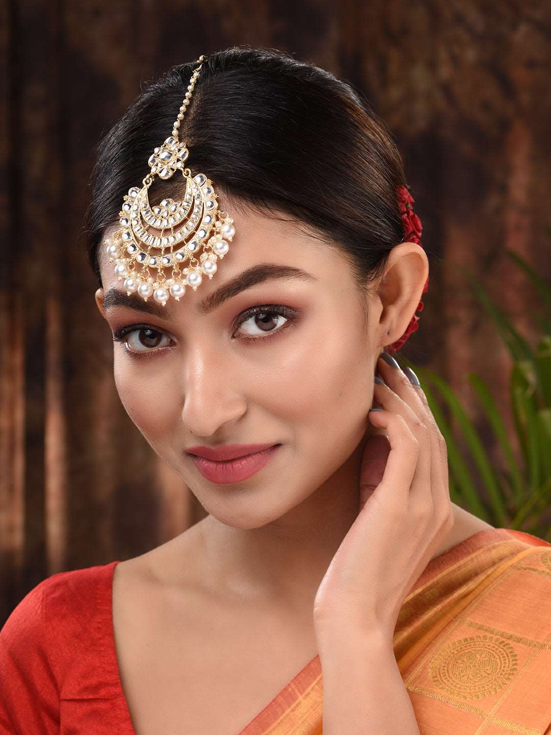 Gold Plated Kundan & Pearl beadded Modern Chanballi Maangtika, zaveri pearls, sale price rs, sale price, sale gold plated, sale gold, sale, rubans, ring, regular price, priyassi jewellery, ku