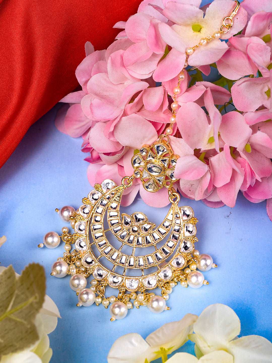 Gold Plated Kundan & Pearl beadded Modern Chanballi Maangtika, zaveri pearls, sale price rs, sale price, sale gold plated, sale gold, sale, rubans, ring, regular price, priyassi jewellery, ku