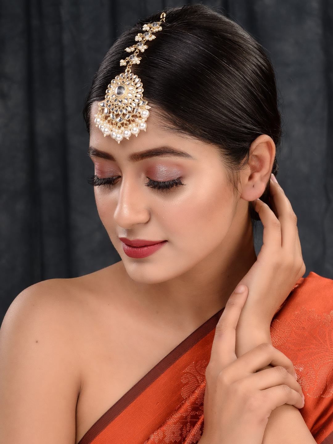 Gold Toned Kundan studded & Pearl beadded Modern Solar Maangtika, zaveri pearls, sale price rs, sale price, sale gold plated, sale gold, sale, rubans, ring, regular price, priyassi jewellery,