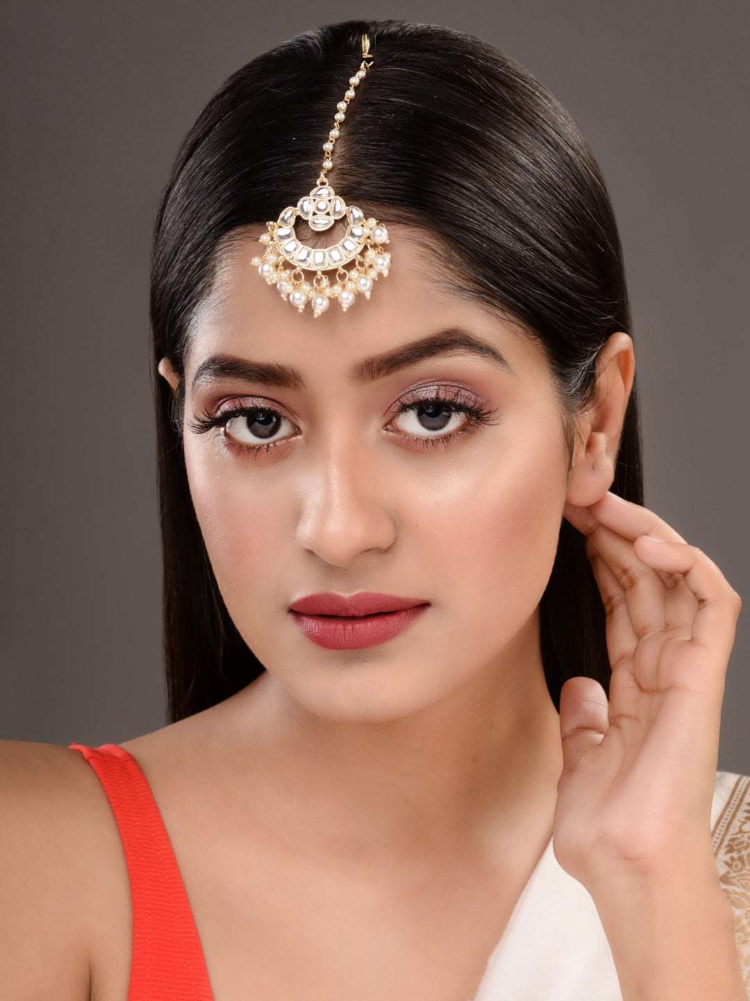 Gold Plated Kundan & Pearl beadded Modern Maangtika, zaveri pearls, sale price rs, sale price, sale gold plated, sale gold, sale, rubans, ring, regular price, priyassi jewellery, kushal's - S