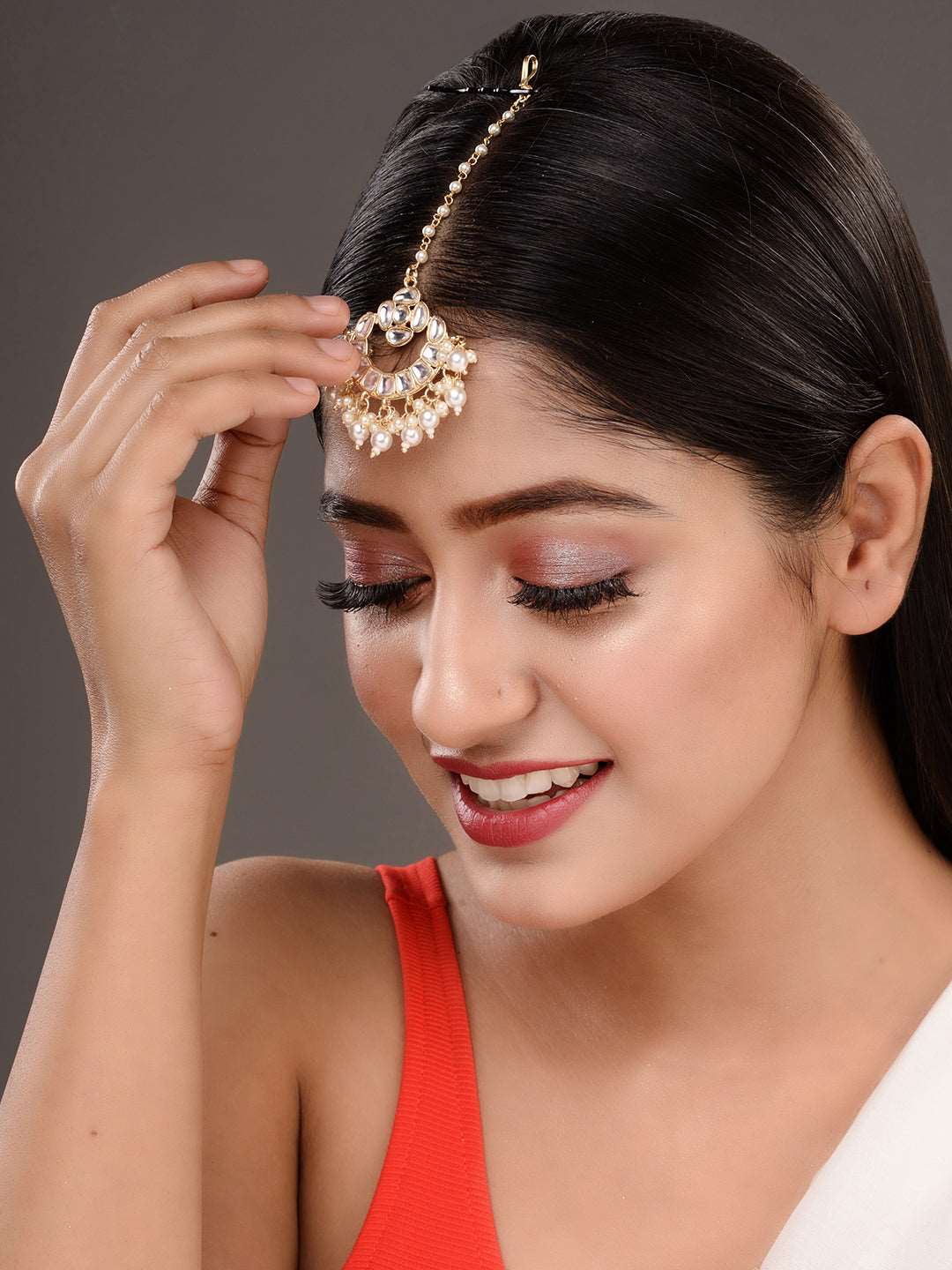 Gold Plated Kundan & Pearl beadded Modern Maangtika, zaveri pearls, sale price rs, sale price, sale gold plated, sale gold, sale, rubans, ring, regular price, priyassi jewellery, kushal's - S