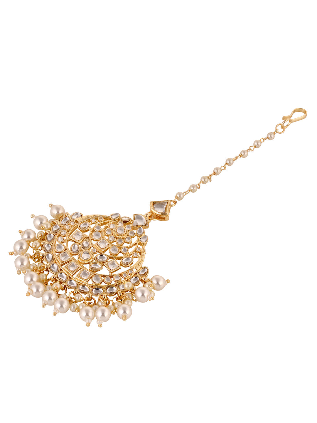 Gold Toned Kundan studded & pearl beadded Cresent shaped Maangtika, zaveri pearls, sale price rs, sale price, sale gold plated, sale gold, sale, rubans, ring, regular price, priyassi jeweller