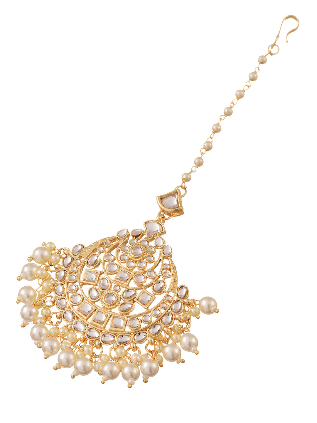 Gold Toned Kundan studded & pearl beadded Cresent shaped Maangtika, zaveri pearls, sale price rs, sale price, sale gold plated, sale gold, sale, rubans, ring, regular price, priyassi jeweller