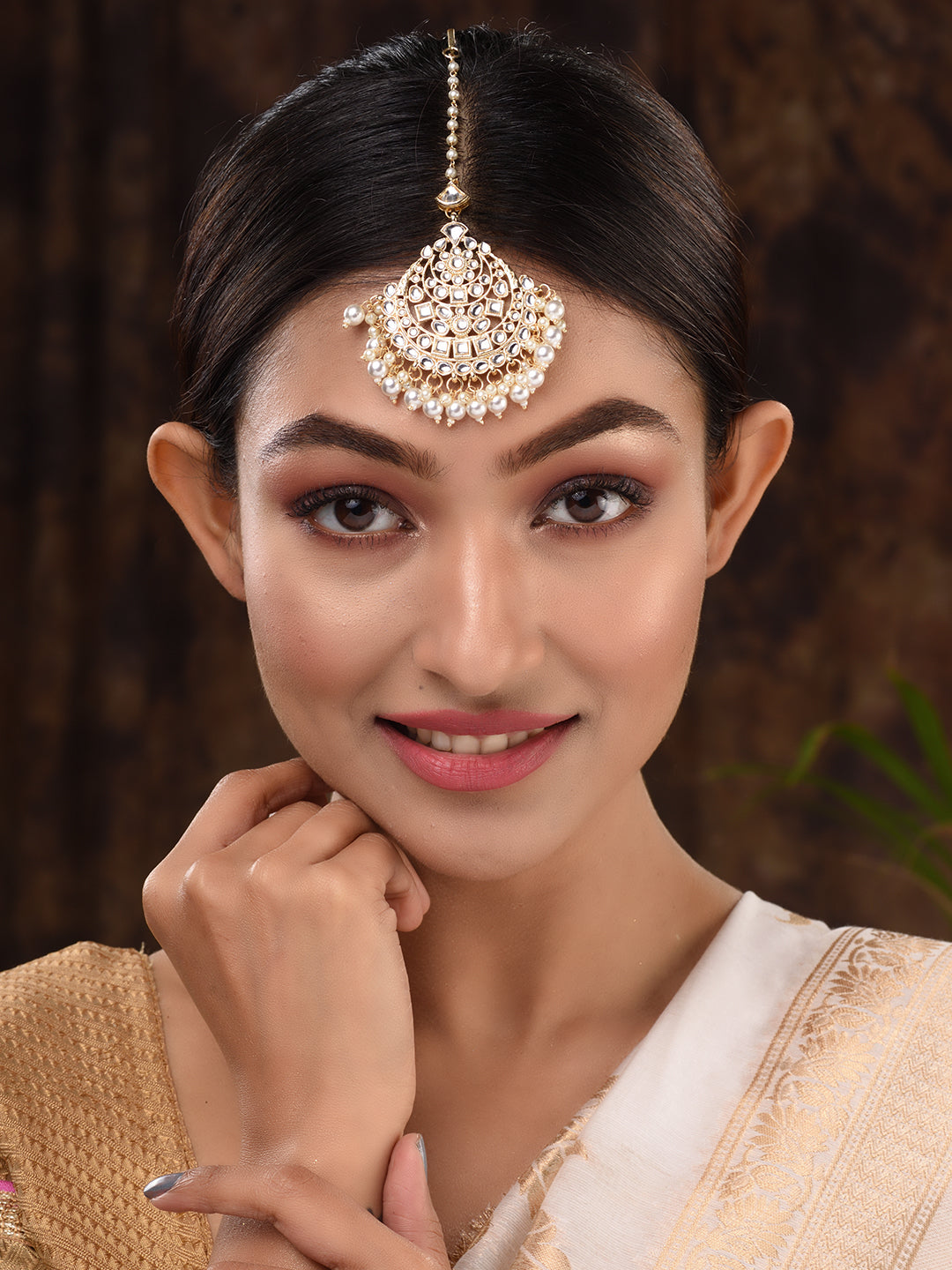 Gold Toned Kundan studded & pearl beadded Cresent shaped Maangtika, zaveri pearls, sale price rs, sale price, sale gold plated, sale gold, sale, rubans, ring, regular price, priyassi jeweller