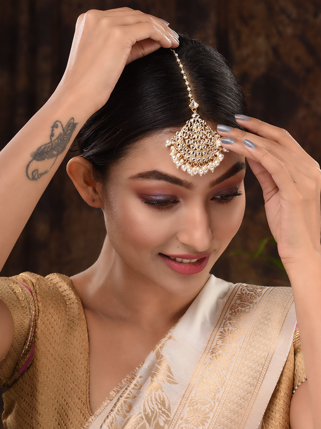 Gold Toned Kundan studded & pearl beadded Cresent shaped Maangtika, zaveri pearls, sale price rs, sale price, sale gold plated, sale gold, sale, rubans, ring, regular price, priyassi jeweller